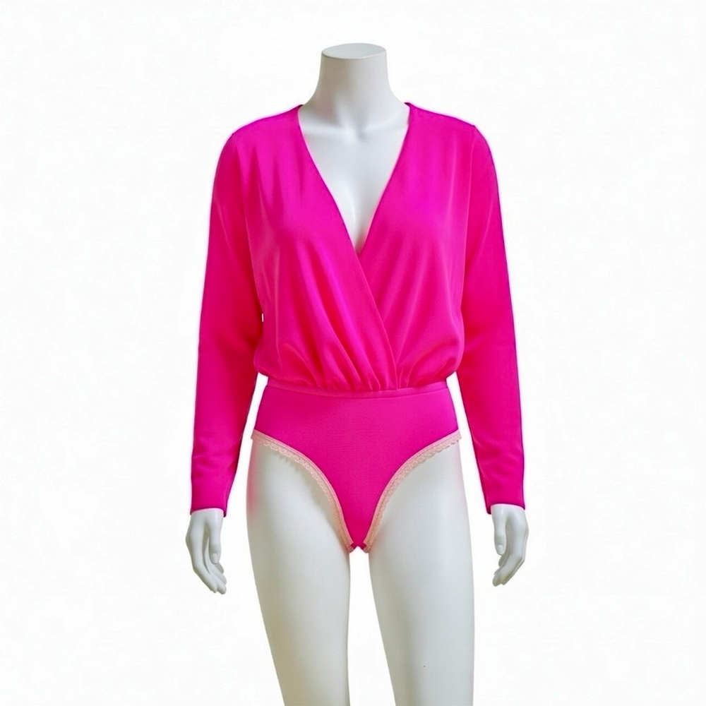 Donna Karan Vintage Hot Pink 100% Silk Deep V-Neck Bodysuit, Size 12